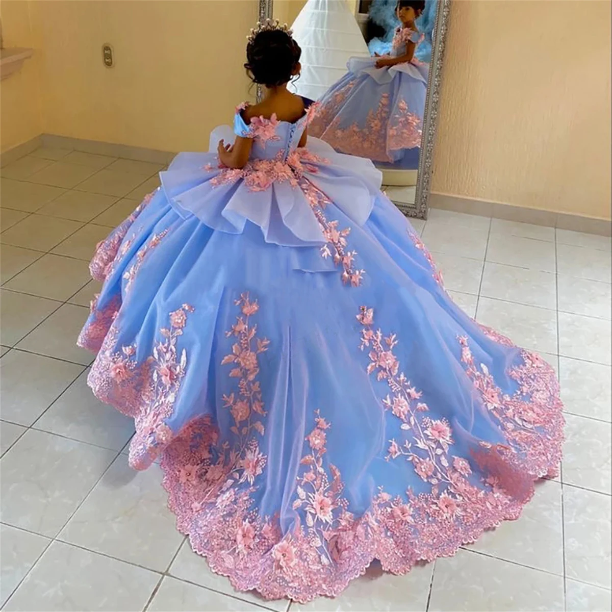 Flower Girl Dress Luxury Blue Wedding Baby Princess Ball Dresses Lace Appliques Off Shoulder V-Neck First Communion Gown flower girl dresses floral appliqu&eacute; dress girls dresses