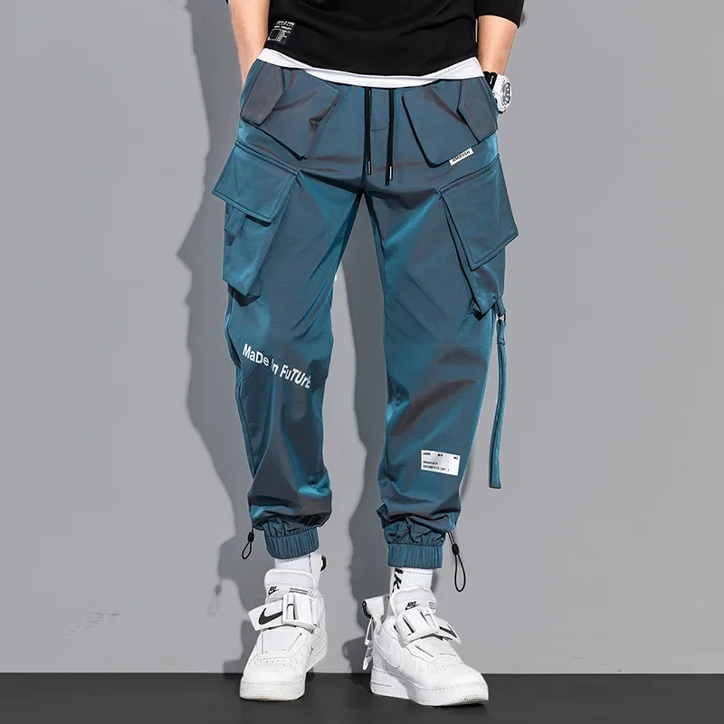 Men's Hip Hop Multi-Pocket Casual Trousers Fashion Laser Cargo Pants Streetwear Solid Sweatpants Elastic Waist Loose Harem Pant
