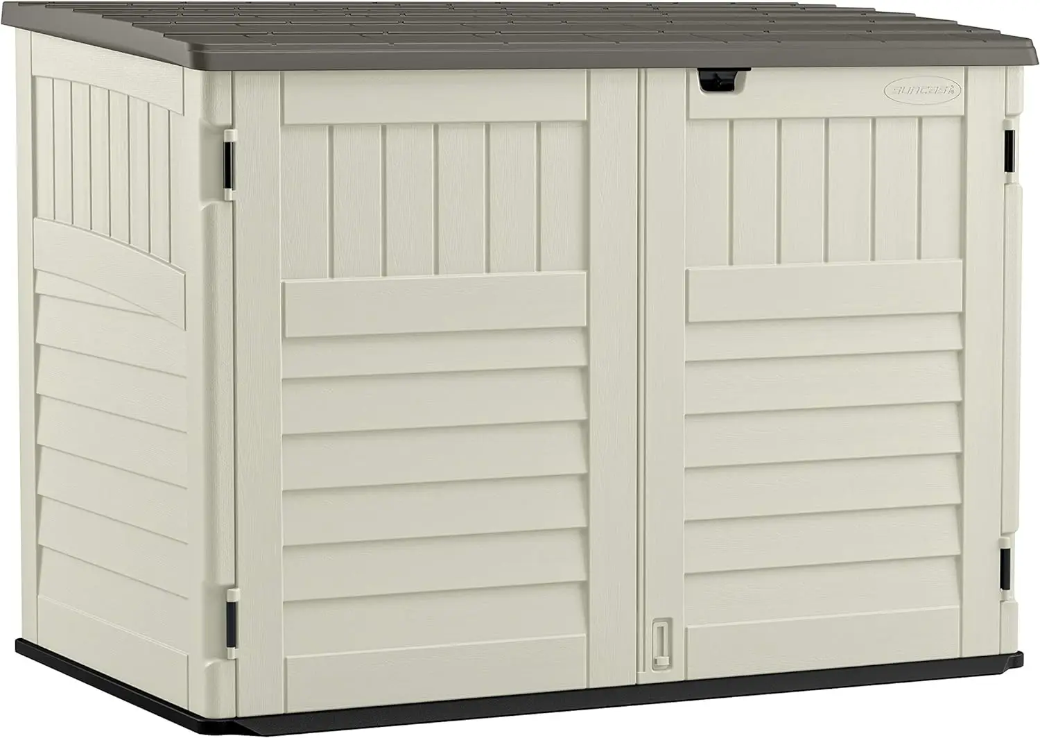 

Horizontal Stow-Away Storage Shed Natural Wood-like Outdoor Storage for Trash Cans and Yard Tools All-Weather Resin