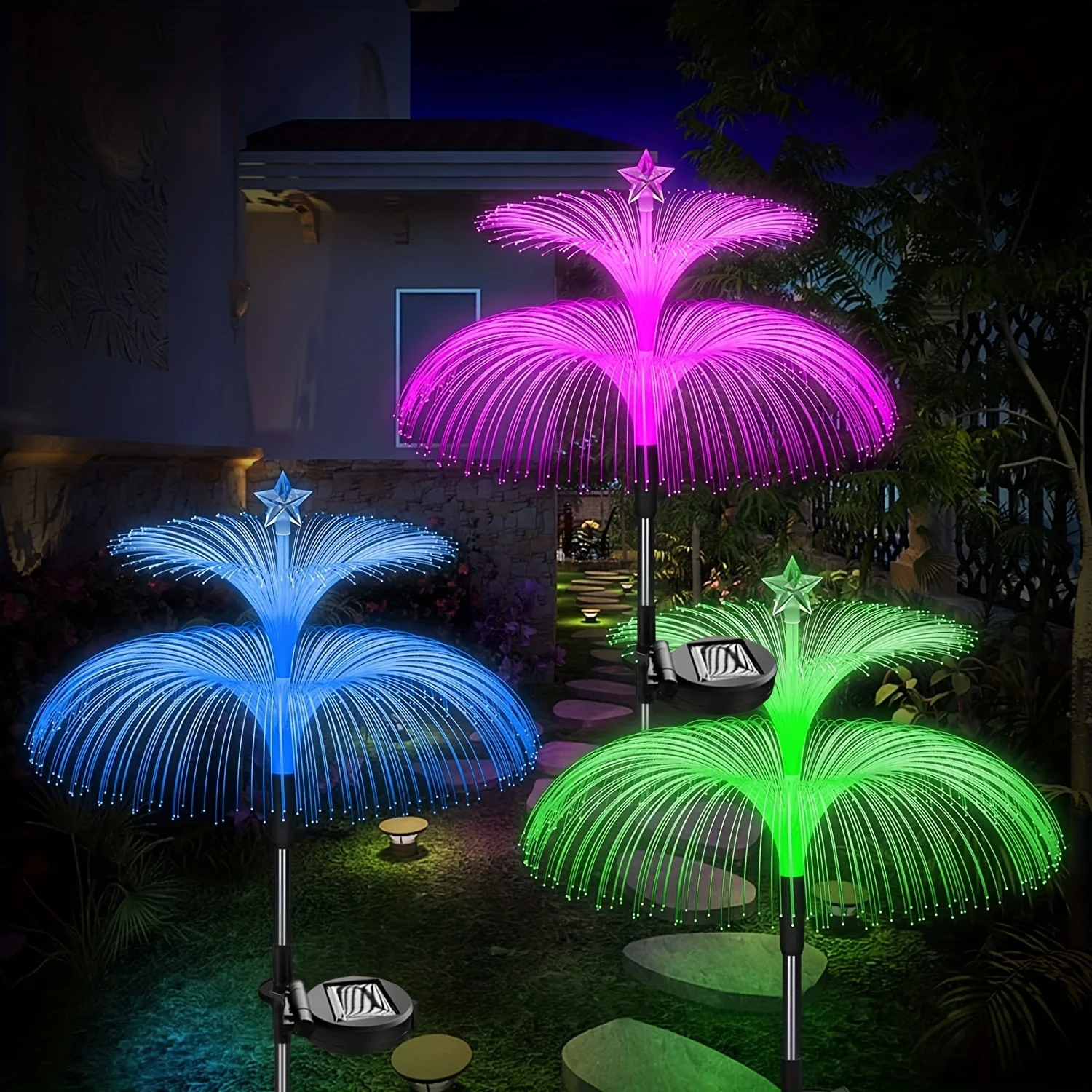 Solar Garden Lights Upgraded Solar Flower Lights Double Jellyfish and Star 7 Color Changing Outdoor for Christmas Party Decor