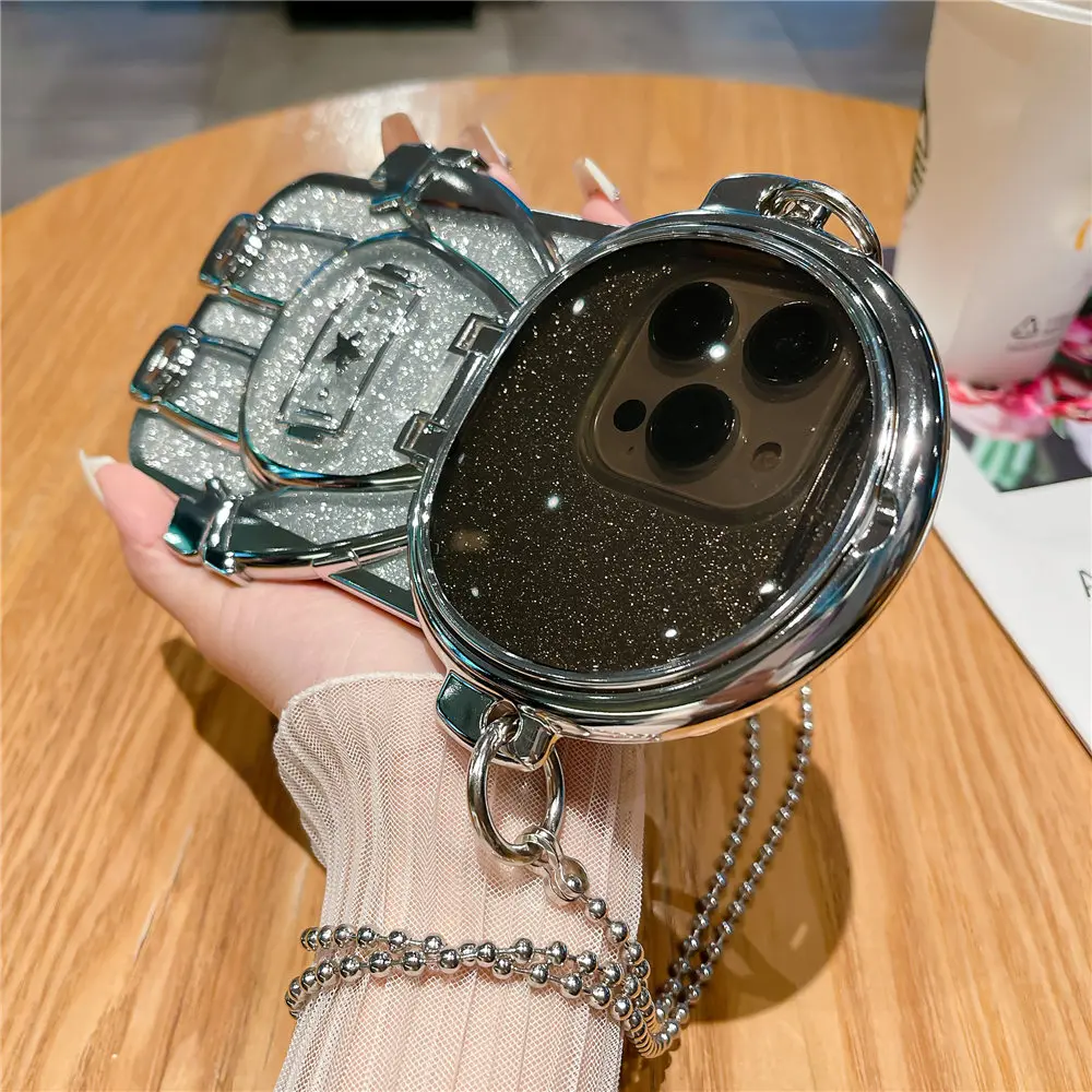 Astronaut Mirror Makeup Clear Crossbody Phone Case with Glitter Shockproof Cover