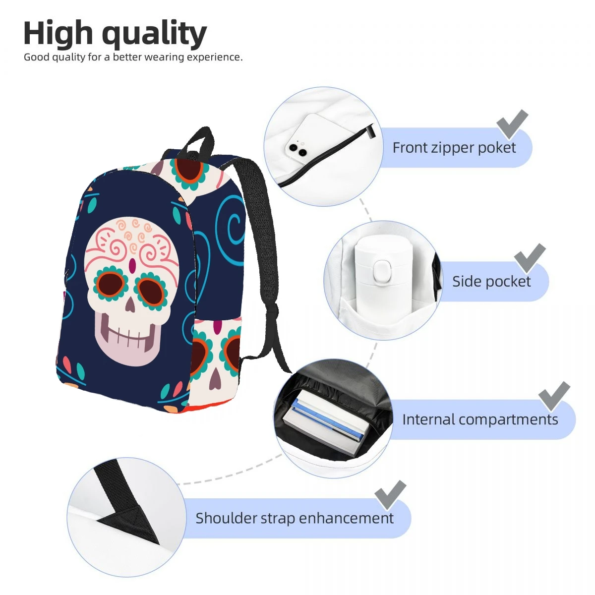 Skull Floral Skull Print Backpack Casual Lightweight Laptop Backpack Men Women Travel Bag Outdoor Canvas Daypack