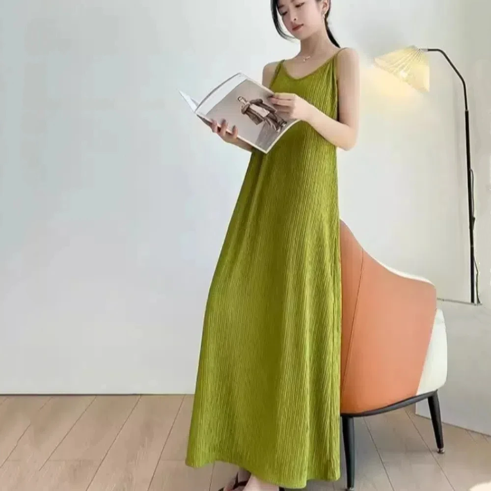 Fashion A-line Loose Sling Dress Solid Color Beachwear Sleeveless Long Dress Round Neck Beach Vacation Sundress Summer