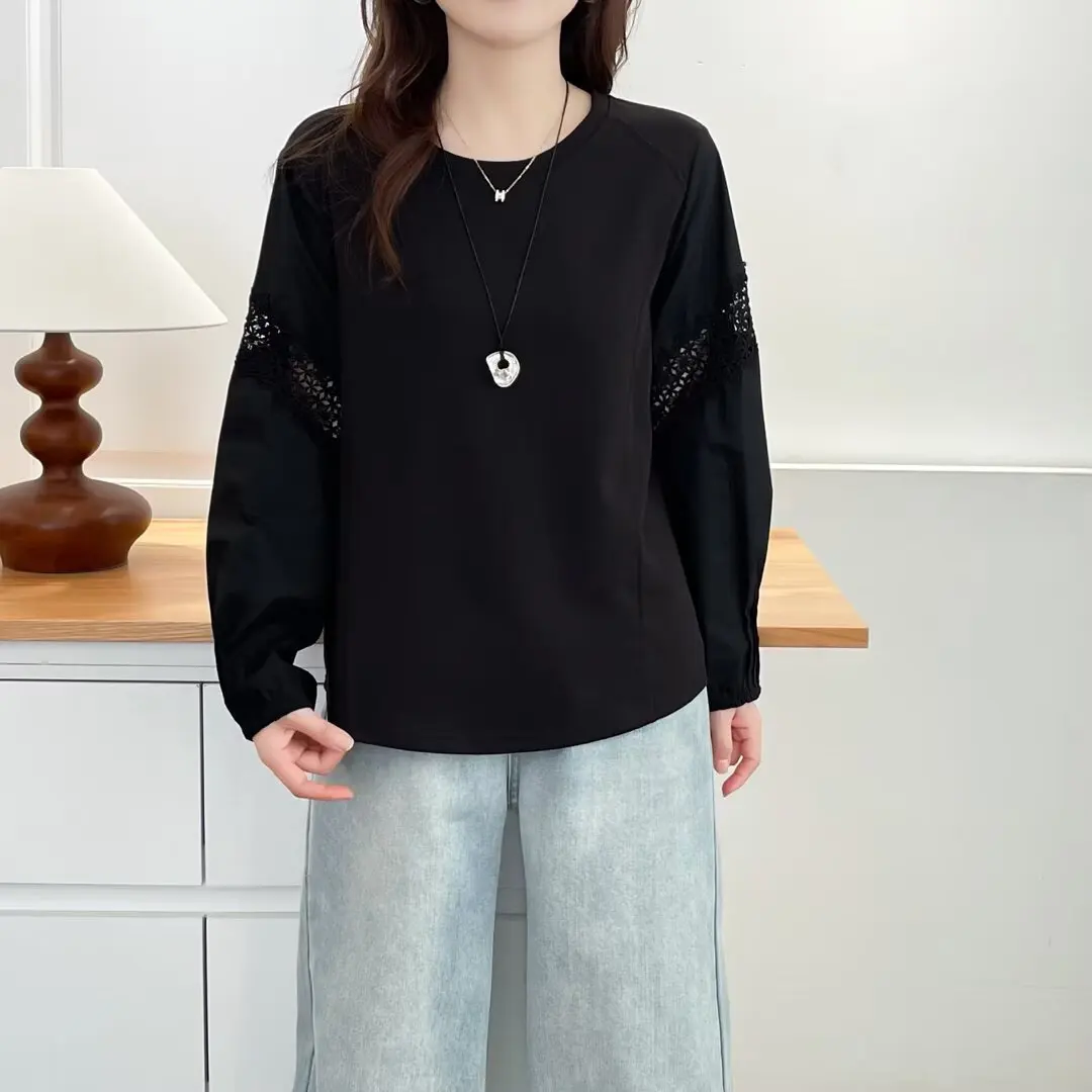 Plus Size Women's T-Shirt 2025 Autumn New Fashion Lace Patchwork Long Sleeve round-neck Tops 2561