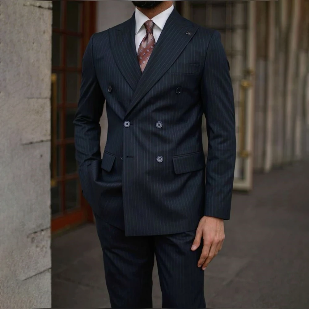 Elegant Navy Blue Striped Suits For Men Double Breasted Business Blazer Slim Fit 2 Piece Jacket Pants Costume Homme Pour Mariage