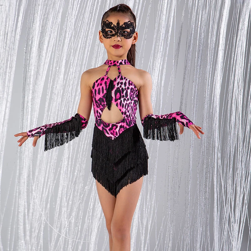 New Girls Leopard Latin Tassels Dress Chacha Samba Salsa Dance Costume Children'S Stage Ballroom Dance Performance Wear SL8172