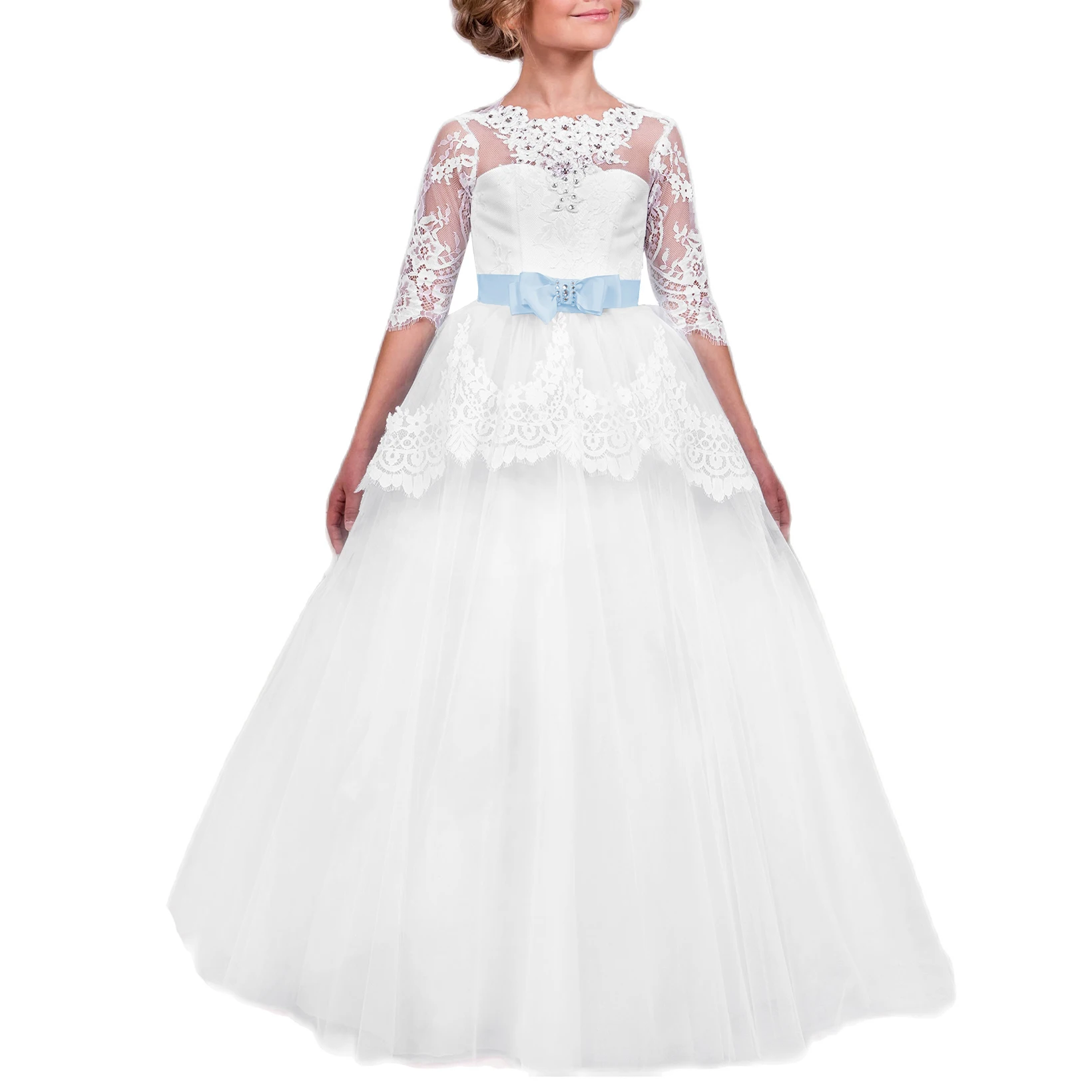 

Белое свадебное платье для девочек с цветами 2024, детское кружевное платье с бисером для первого причастия с поясом, детские платья с рукавом 3/4 для конкурса