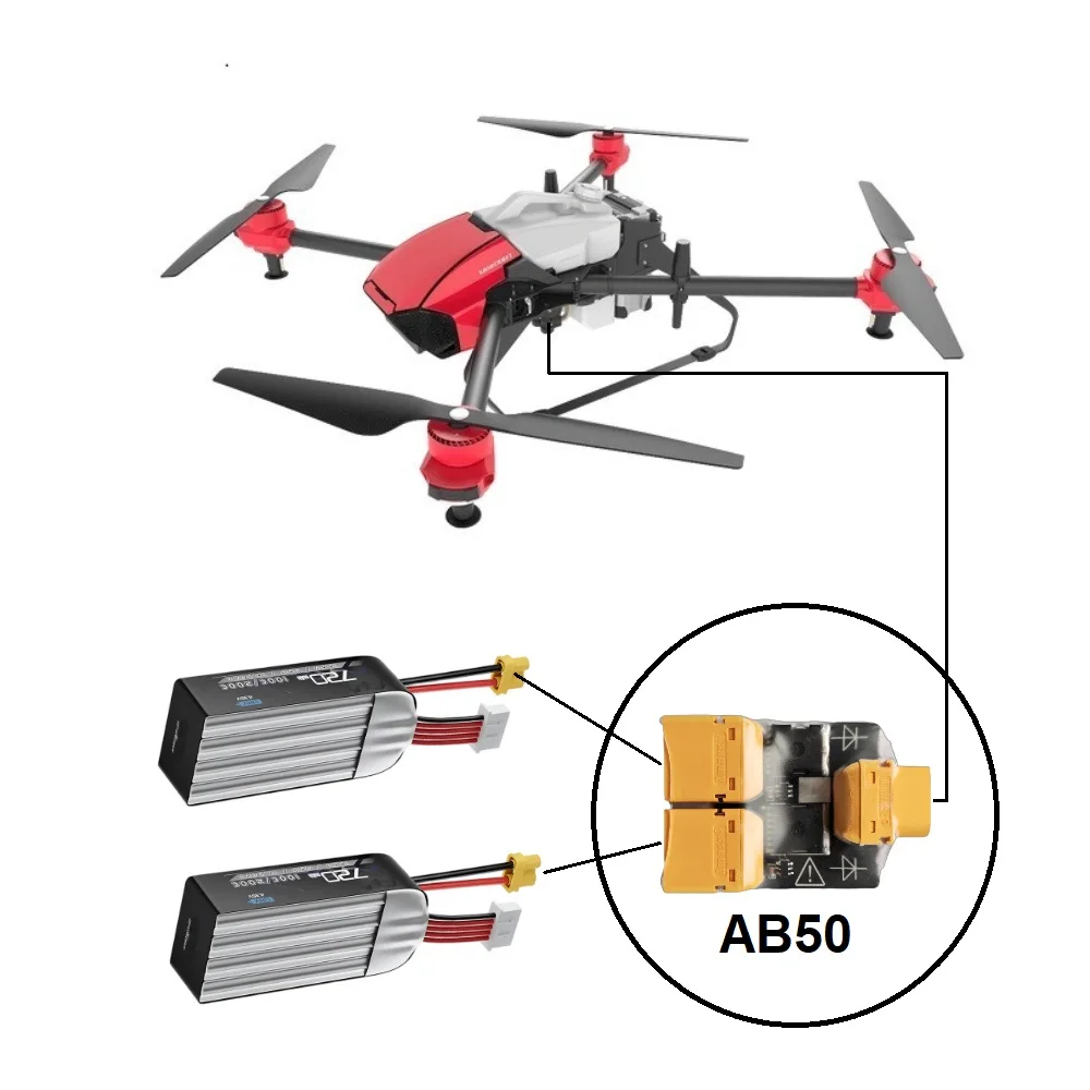 Connecteur Parallèle Double Batterie Autoro AB50 XT60 posé sur une surface sombre, avec étiquette indiquant les spécifications techniques.