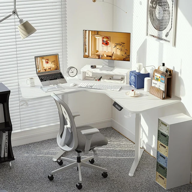 Home Office Computer Desk L Shaped Electric Height Adjustable Standing Desk Corner Computer Desk, Large Holder
