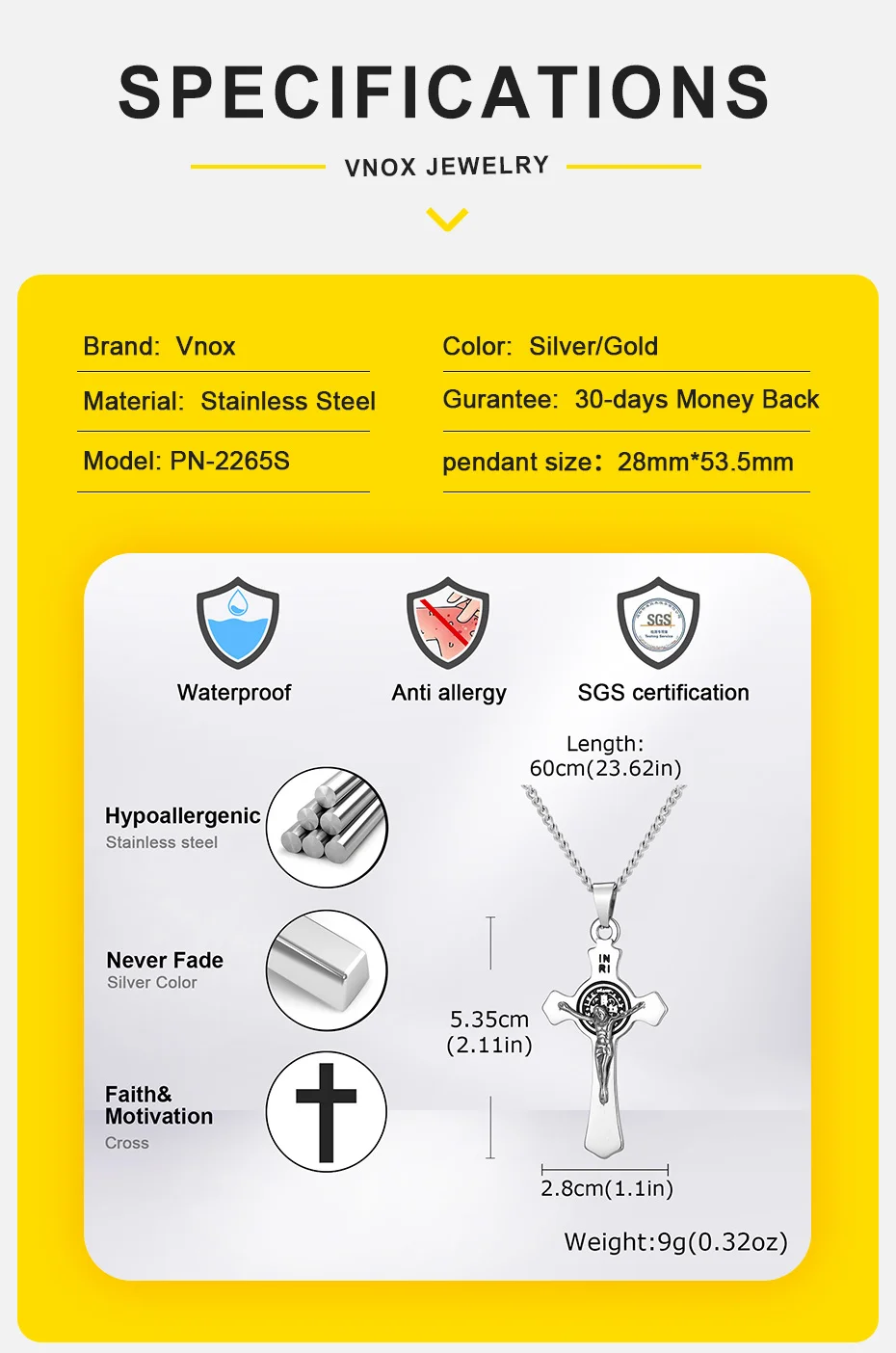 Vnox Edelstahl-Kreuz-Halskette des Heiligen Benedikt, 28 x 53,5 mm Jesus-Kruzifix-Anhänger-Gliederkette, katholisches religiöses Geschenk für Männer – Detail 4