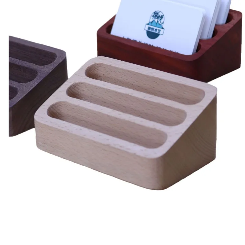 1개 테이블탑 카드 정리함 솔리드 우드 데스크 정리함 3칸 비치우드 명함 홀더 및 명함 디스플레이 스탠드