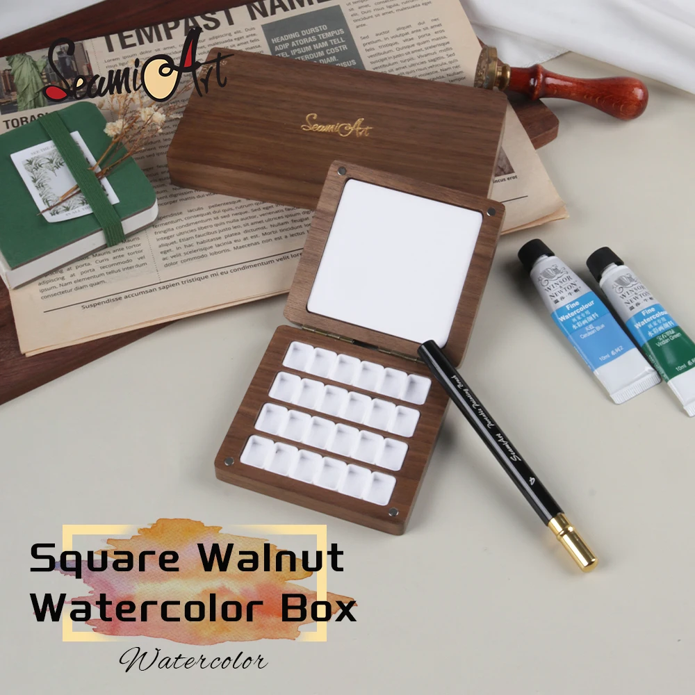 SeamiArt 블랙 월넛 나무 사각형 그림 상자, 팔레트 포함, 0.5ml 하프 팬..