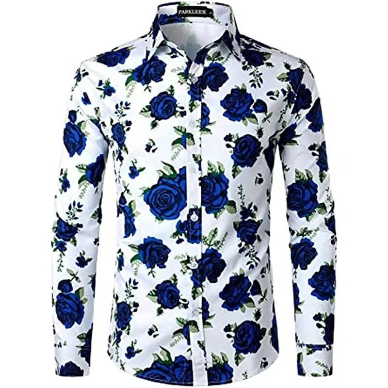 thumbnail image 1 of Nuevas camisas para hombre, manga larga, estampado de flores en 3D, solapa con botones, ropa de verano para hombre, camisetas de moda para fiesta de graduación, cumpleaños y novio, 1 of 4