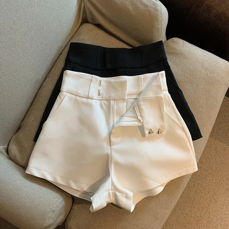 Elegant Suit Shorts Women Solid High Waist Wide Leg Shorts Office Lady Korean Fashion Black White Simple All Match Short Pants