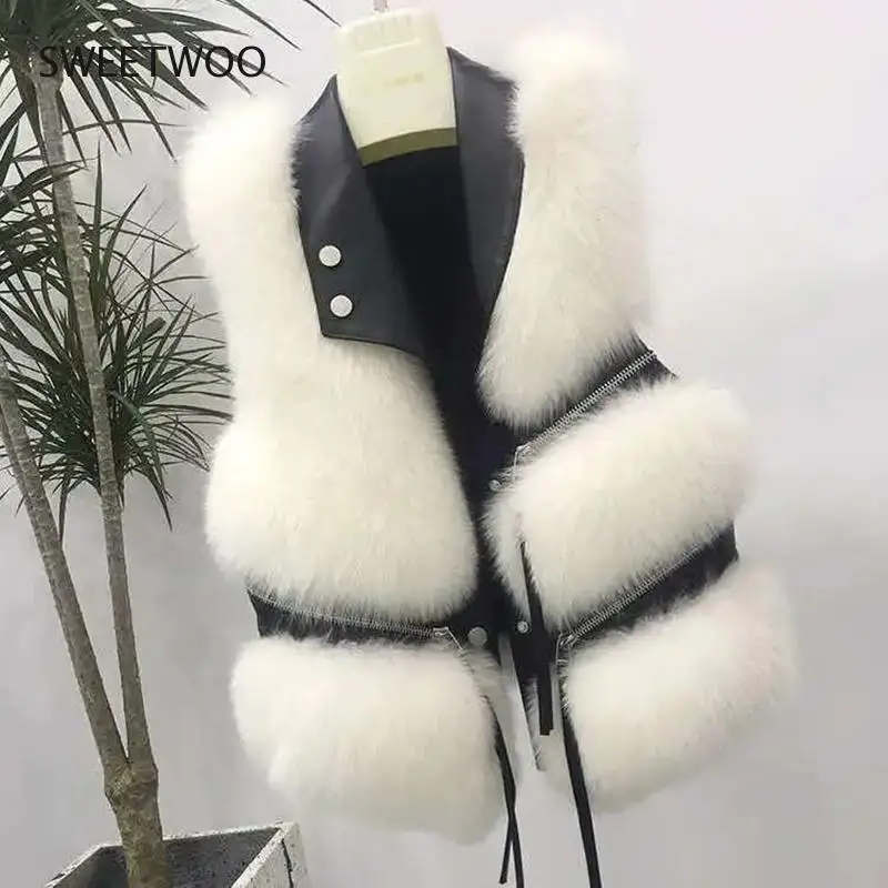 2022 Autumn Winter Faux Fur Vest Women Solid Lapel Sleeveless Pu Leather Jackets New Loose Warm Multi-Zip Decoration Coat Slim