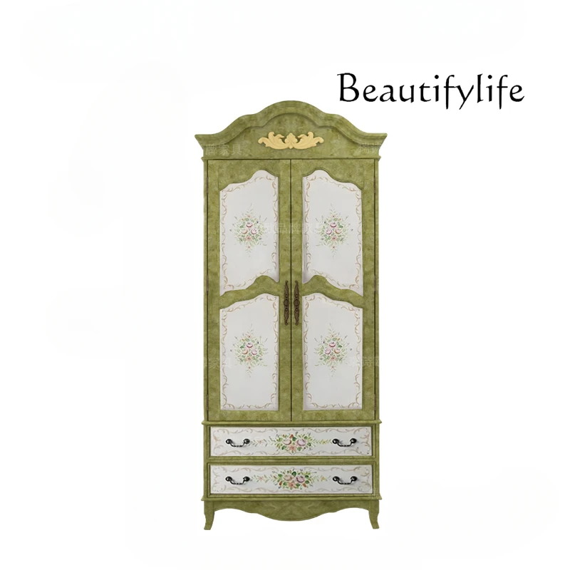 

American-Style Solid Wood Wardrobe Two-Door Bedroom Wardrobe Country Style Painted Retro Distressed