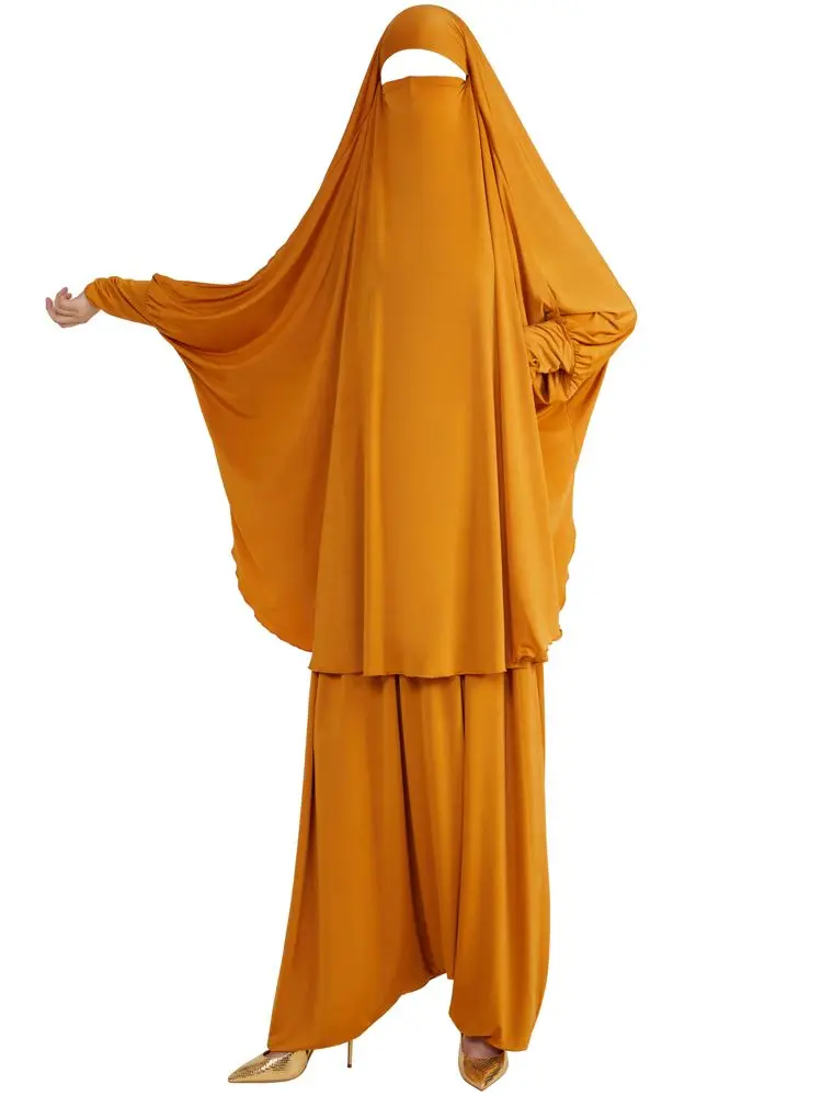 Stretchy Jilbab 2 Piece Set Islam Prayer Clothes Khimar Hijab Scarf+Harem Pants Muslim Woman Sporty Outfits Dubai Ramadan Eid