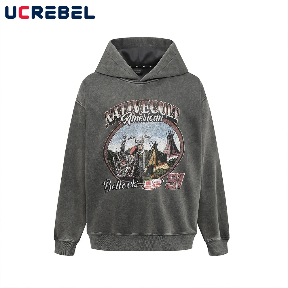 Motorrad druck Distressed Hoodies Herren Retro High Street Loose Drop Schulter Langarm Kapuze Sweatshirts Männer
