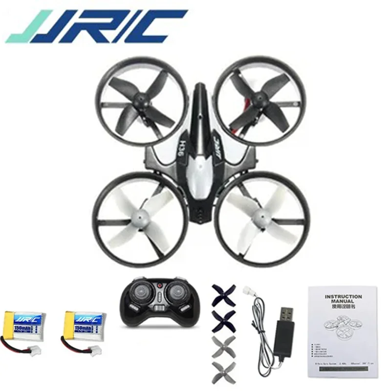Détail du mini drone JJRC H36 avec ses hélices et sa télécommande, jouet télécommandé parfait pour enfant.