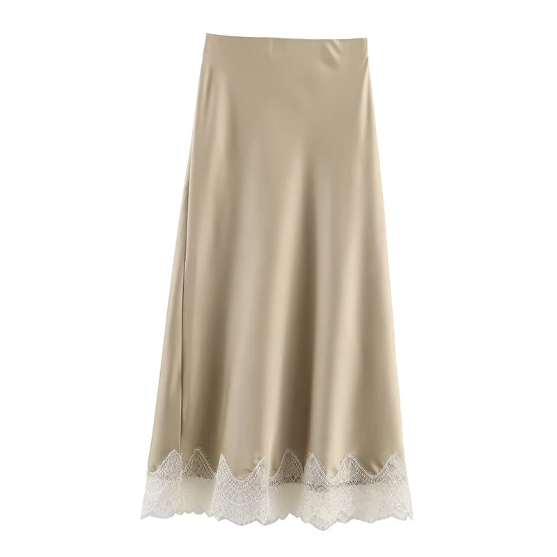 Willshela Women Fashion Solid Lace Side Hem Pleated A-Line Midi Skirt Vintage High Elastic Waist Female Chic Lady Skirts - Image 4