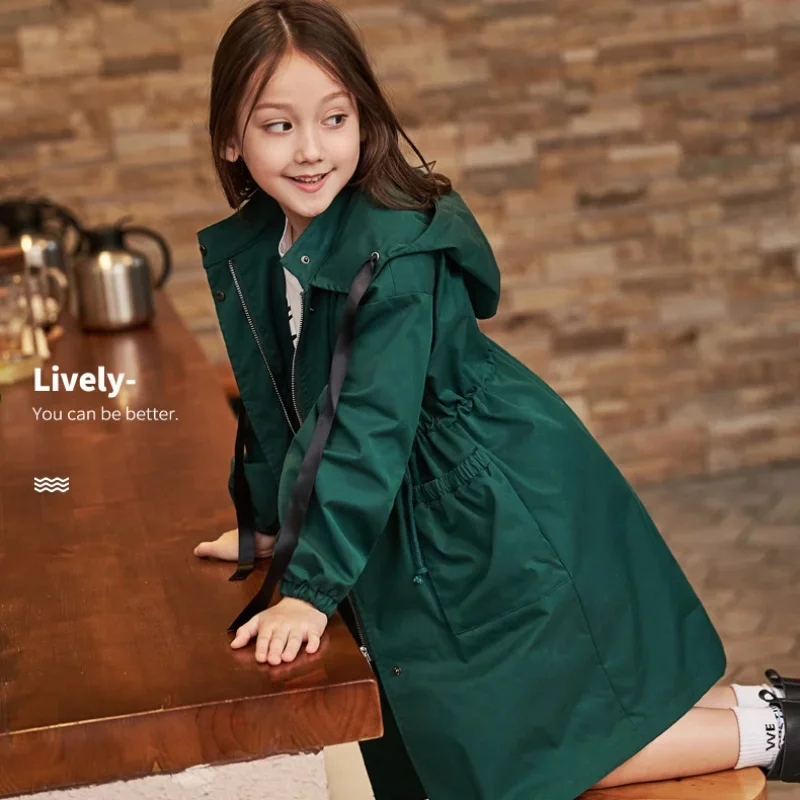 Kids Jacket Girls Trench Coats Kids Girls Trench Fashion Drawstring Hooded Jacket Tops Spring Autumn