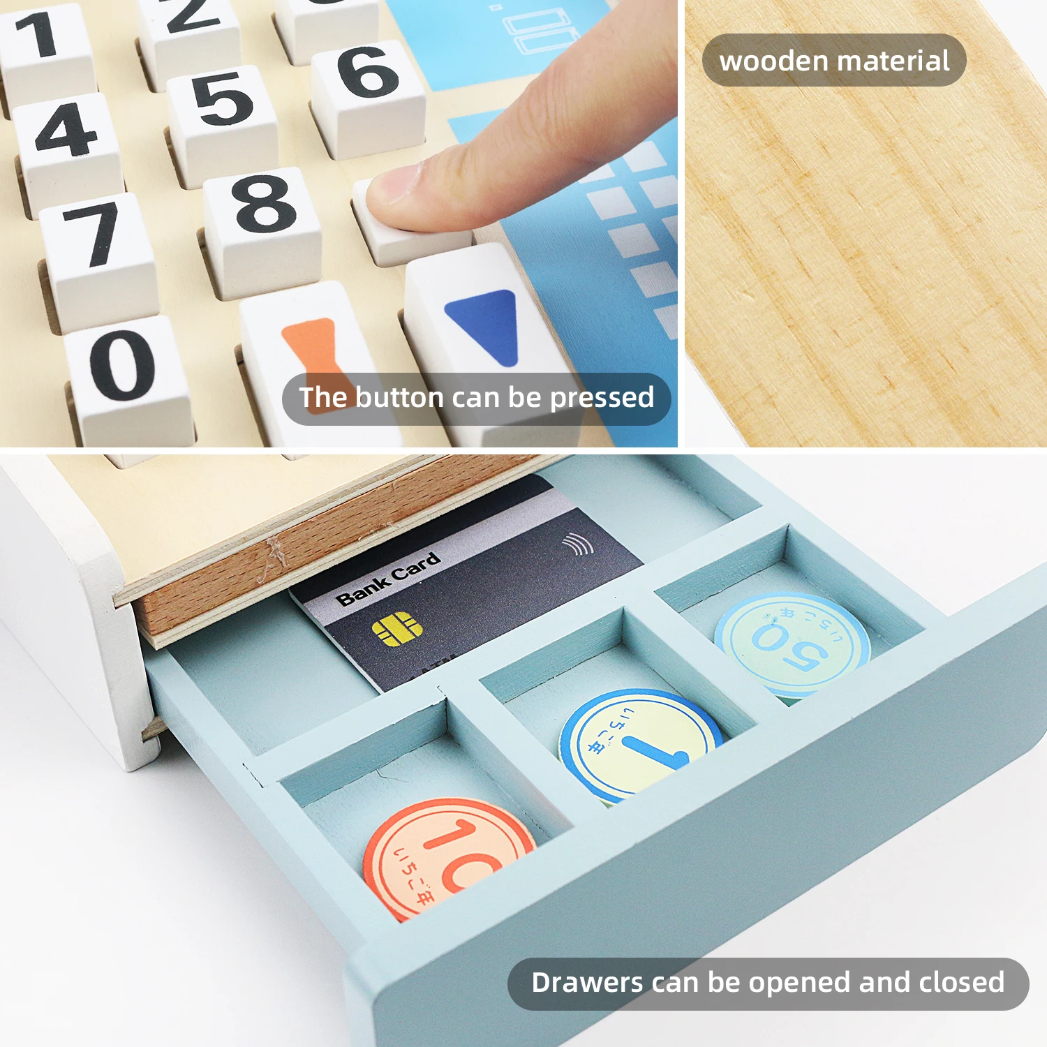 Children's wooden simulation home toys, wooden simulation cash registers, POS machines, bank cards, and parent-child interaction