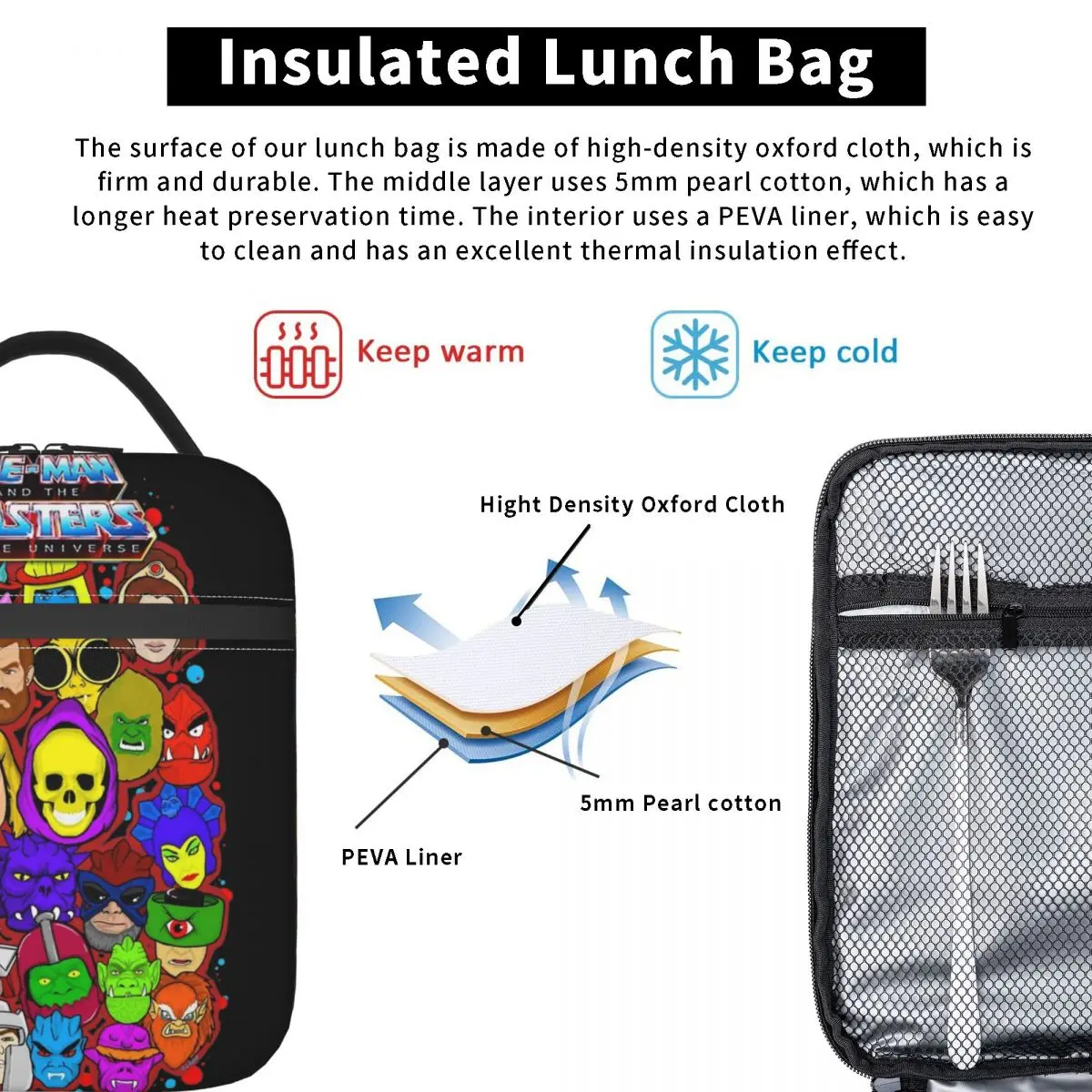 Vintage Heman Character Collage Merch Insulated Lunch Bag Masters of the Universe He-Man Storage Box Cooler Thermal Lunch Boxes
