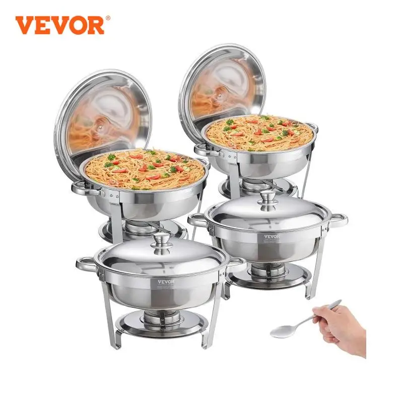 6 Qt 4 Pack Round Chafing Dish Buffet Set Stainless Steel Catering Warmer Server with Lid Water Pan chafing dish