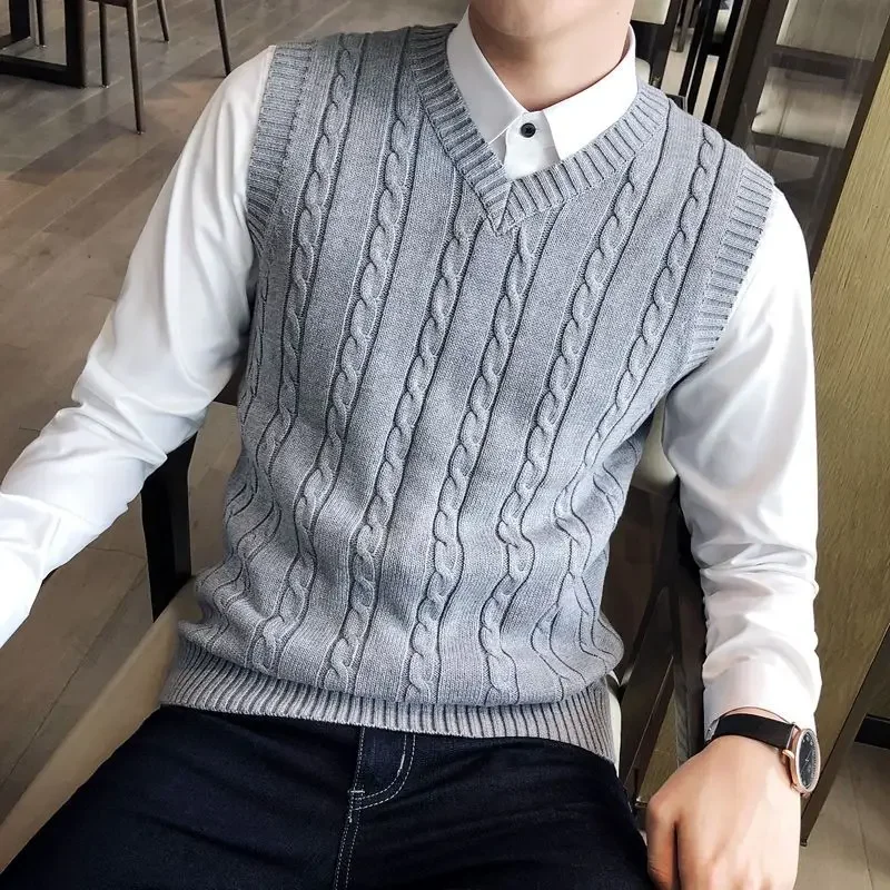 Men Sweater Vests Mens Knitted Vest Knit Sweater Male Solid Color Sleeveless Plain Men's Clothing Blue Vest Waistcoat