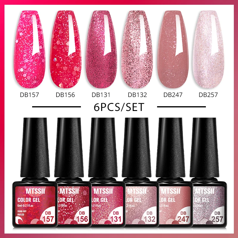 Mtssii 6pcs/set Glitter Gel Nail Polish Set Semi-permanent Nail Gel Metallic Gel Nail Polish DIY Nail Art Soak Off Uv Gel Kits 3