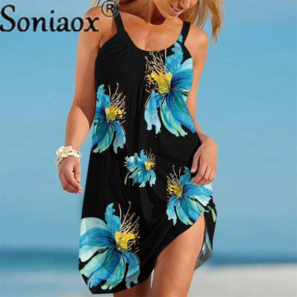 

2022 Summer Women Sexy Beach Dresses 3D Flowers Printed Suspenders Bohemian Vintage Beachwear Girl Oversized Fashion Party Dress