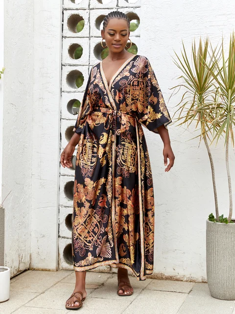 WOXIHUAN Abito Da Spiaggia Donna Estivi 2023 Girocollo Abiti Lunghi Tasca Boho Stampa Floreale Moda Semplice Taglie Forti Temperamento Abito Oversize 122543270 - Foto 11