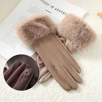 Gants de poignet en cuir PU pour femmes, manchette de garniture en fausse fourrure douce, gants de luxe, écran tactile chaud, conduite, cyclisme, élégant, mode, fête, hiver 6