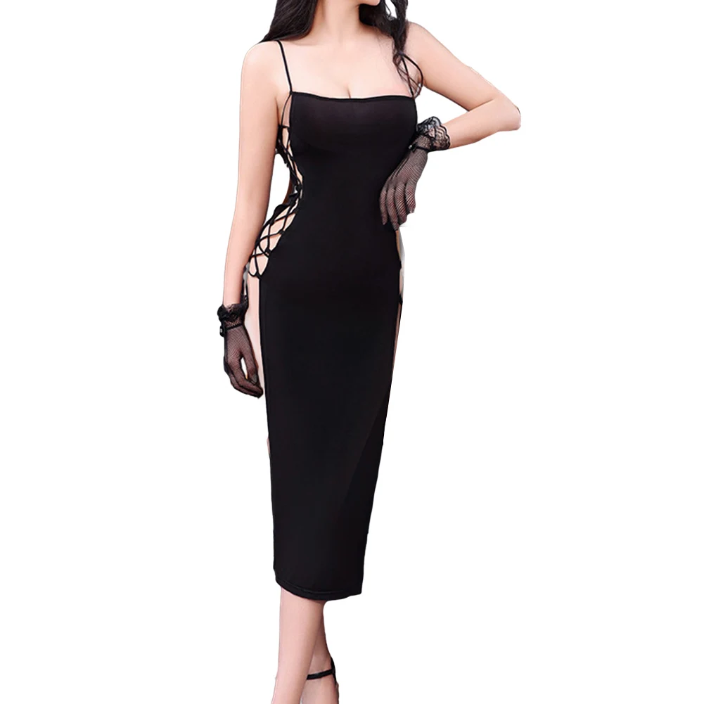 

Lady Studded Dress Sexy See Through Pajamas for Women Elegant Sleeveless Mock Neck High Slit Cutout Look Seductive