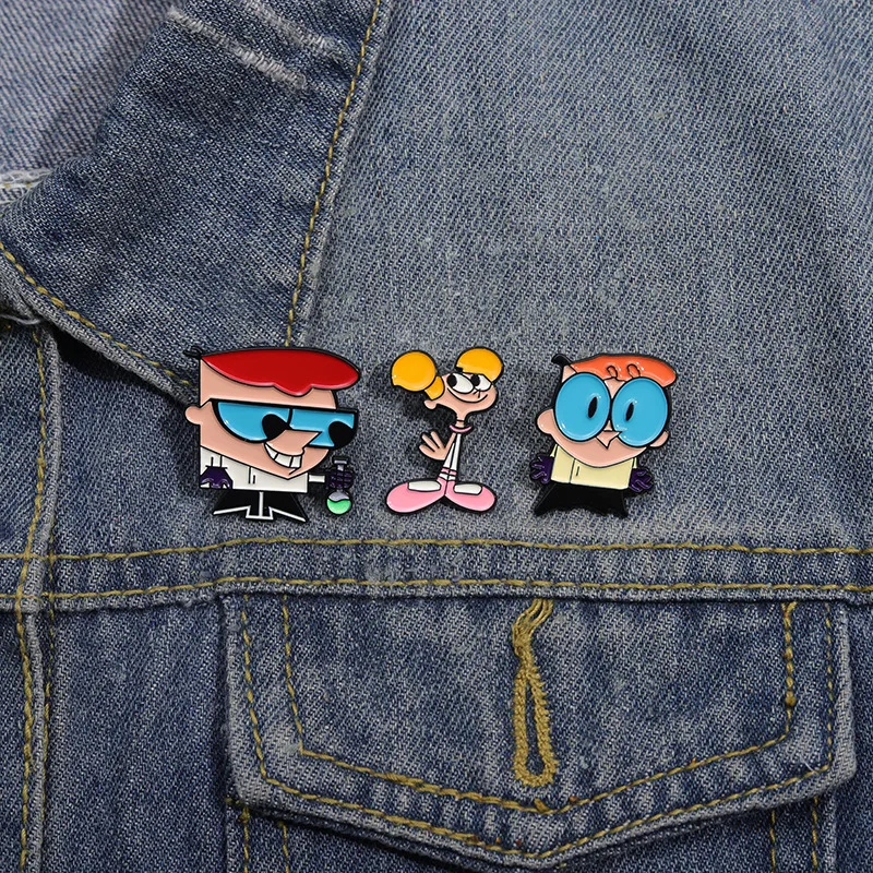Cartoon Dexter's Lab Themed Pins Brooch Anime Boy Dexter And His Sister Titi Figure Badge Enamel Cosplay Props Lapel Pins Jewelr