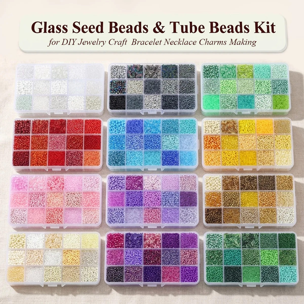 15 Fächer Glasperlen-Set inklusive Saatperlen & Stiftperlen mit Aufbewahrungsbox für DIY-Schmuckherstellung, Armbänder, Halsketten und Charms