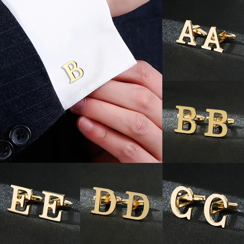 

1Pair 26 Letters Men's French Shirt Cuff Links Male Cuff Links for Men Gift for Men A-Z High Quality Brass Gold Color Cufflinks