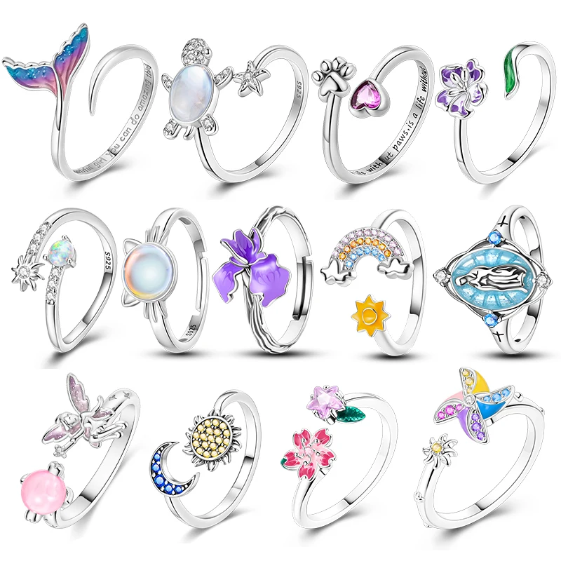 Free Size 925 Sterling Silver Ring Butterfly Sun Moon Sunflower Crystal Original Adjustable Rings For Women Wedding Jewelry Gift silver ring wedding rings silver rings enamel butterfly ring