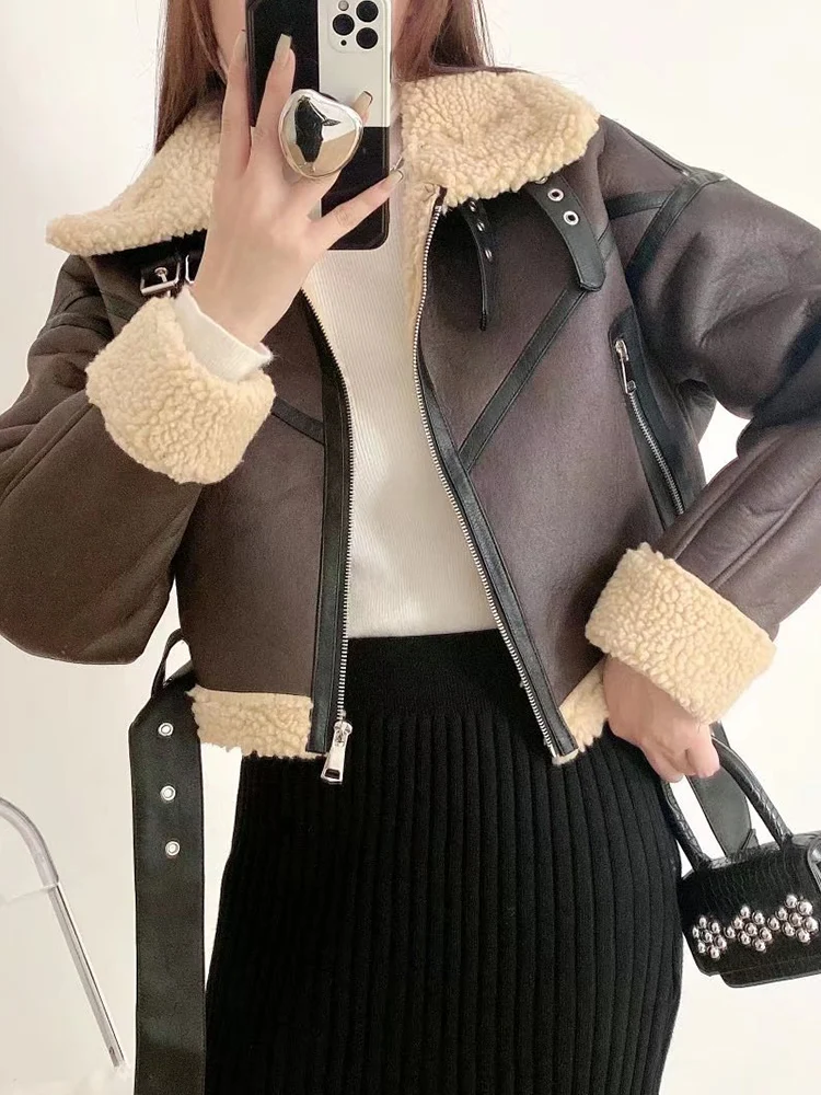 

Traf Winter Women Streetwear Faux Lamb Leather Fur Short Jacket with Belt Moto Biker Thick Warm Sheepskin Casual Coat Outwear