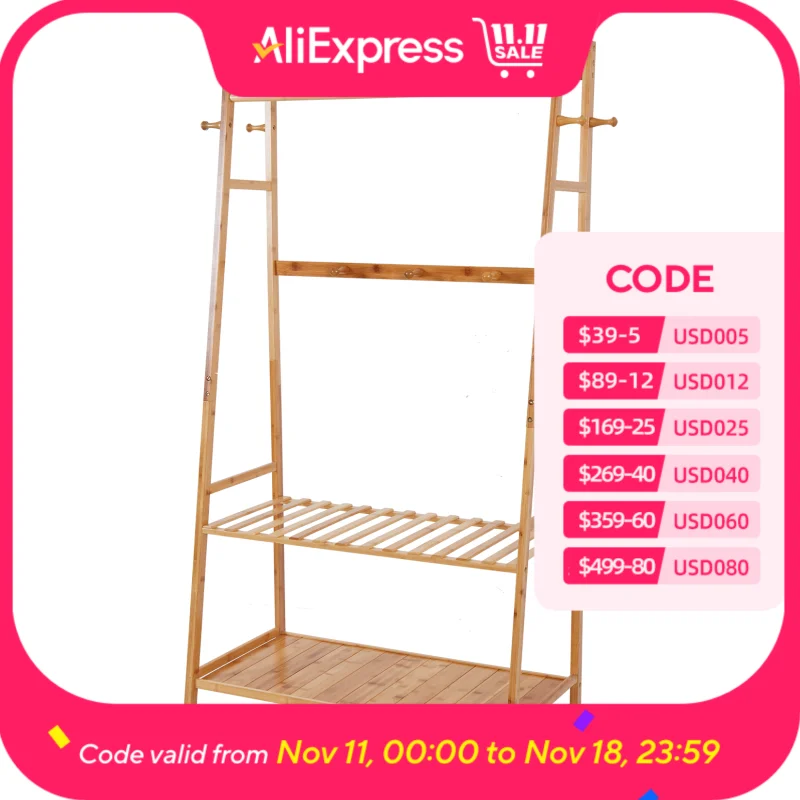 Bamboo Garment Rack Large Clothes Rack Coat Stand Heavy Duty Clothes Hanging with 3 Tier Storage Shelves 10 Hooks
