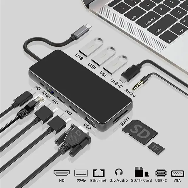 USB C Hub PC Laptop Docking Station USB 3.0 HDMI-Compatible VGA RJ45 PD Card Reader for Macbook Pro/HP/DELL NoteBook Type C Hub 2