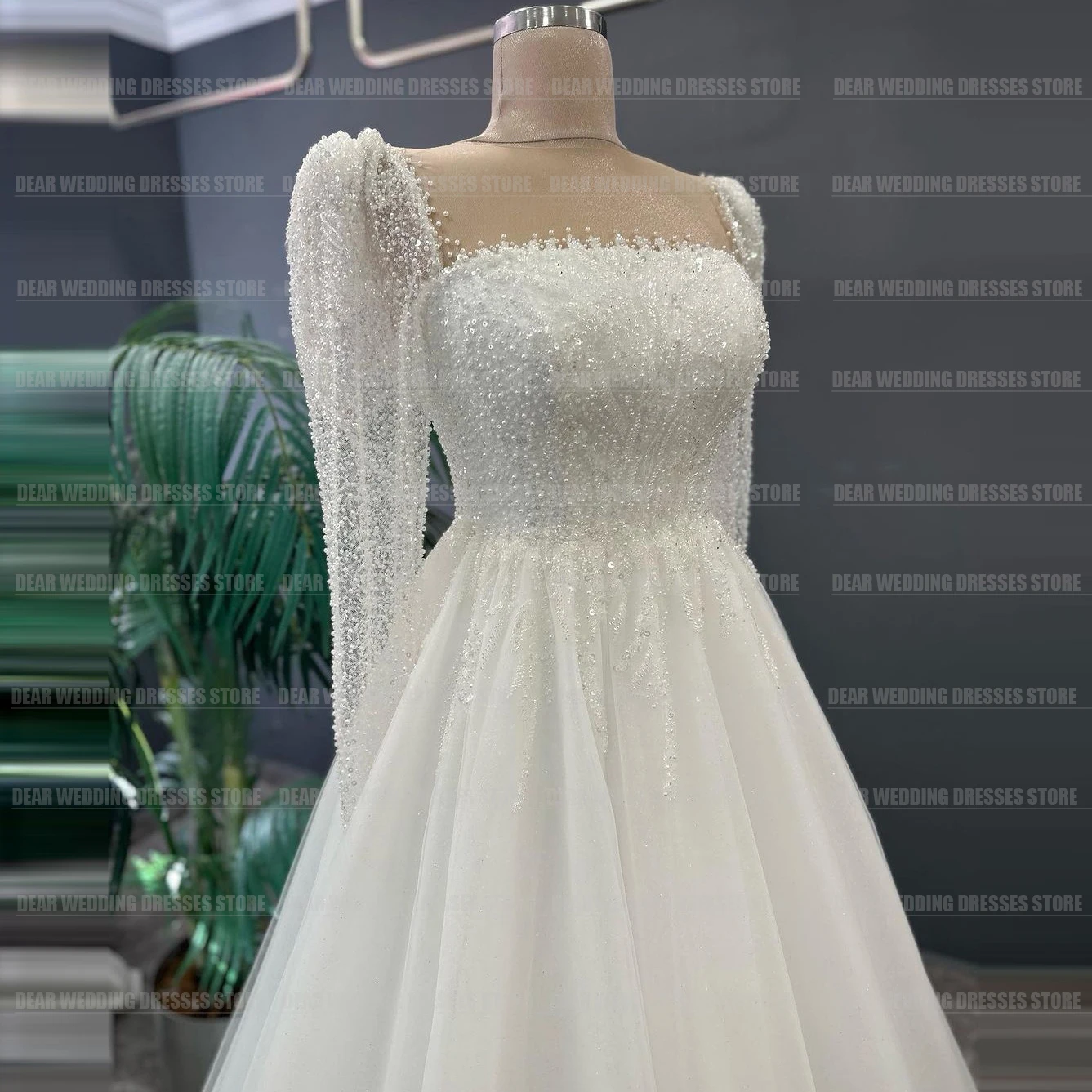 Simple Gentle Beads A Line Wedding Dresses Women's Sexy Square Collar Tulle Sequined Bridal Gowns Backless Vestidos Customized 3