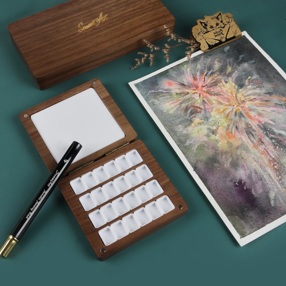 SeamiArt 1pc Black Walnut Wood Square Painting Box with Palette 0.5ml Half Pans for Watercolor Subpackage Storage Art Supplies 5