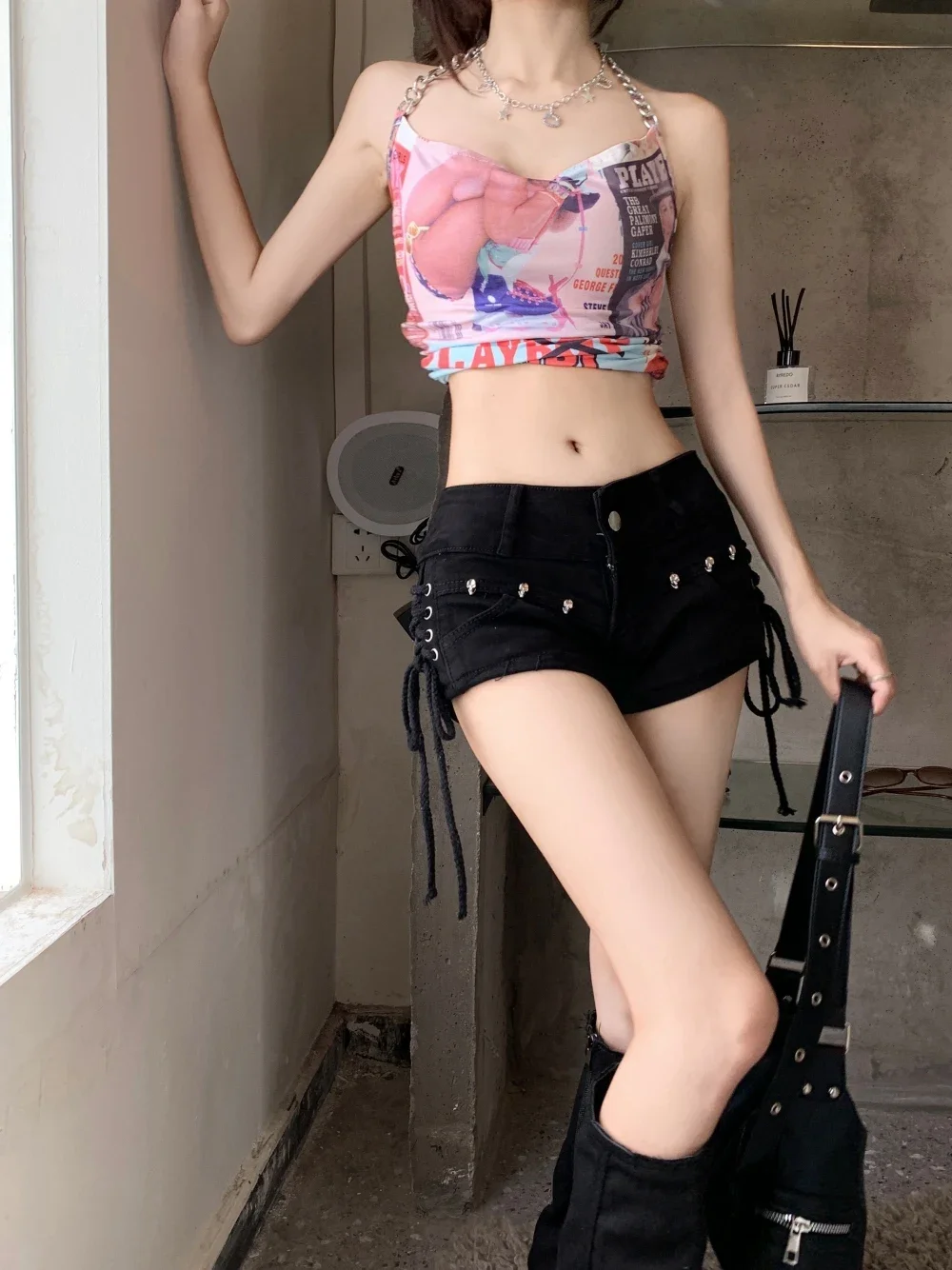 여성용 아메리칸 레트로 섹시 블랙 해골 미니 진 반바지, Y2k 여름 낮은 허리 마이크로 짧은 청바지, 붕대, 한국 패션