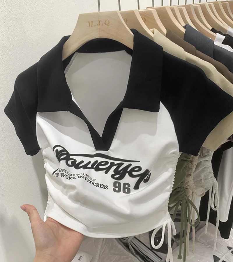 

Женские футболки Gaodinglan на шнуровке, тонкая талия, с коротким рукавом, уличная одежда-поло, топы с V-образным вырезом, женские хлопковые футболки с коротким низом