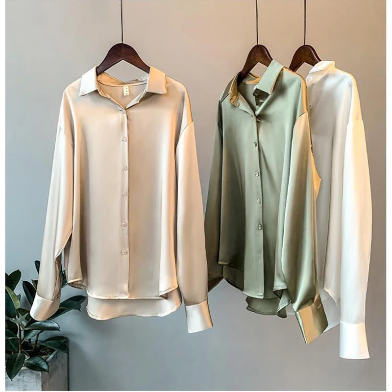 Camisa de seda satinada con botones para mujer, blusa Vintage blanca de manga larga para mujer, camisas de calle holgadas para mujer 2023