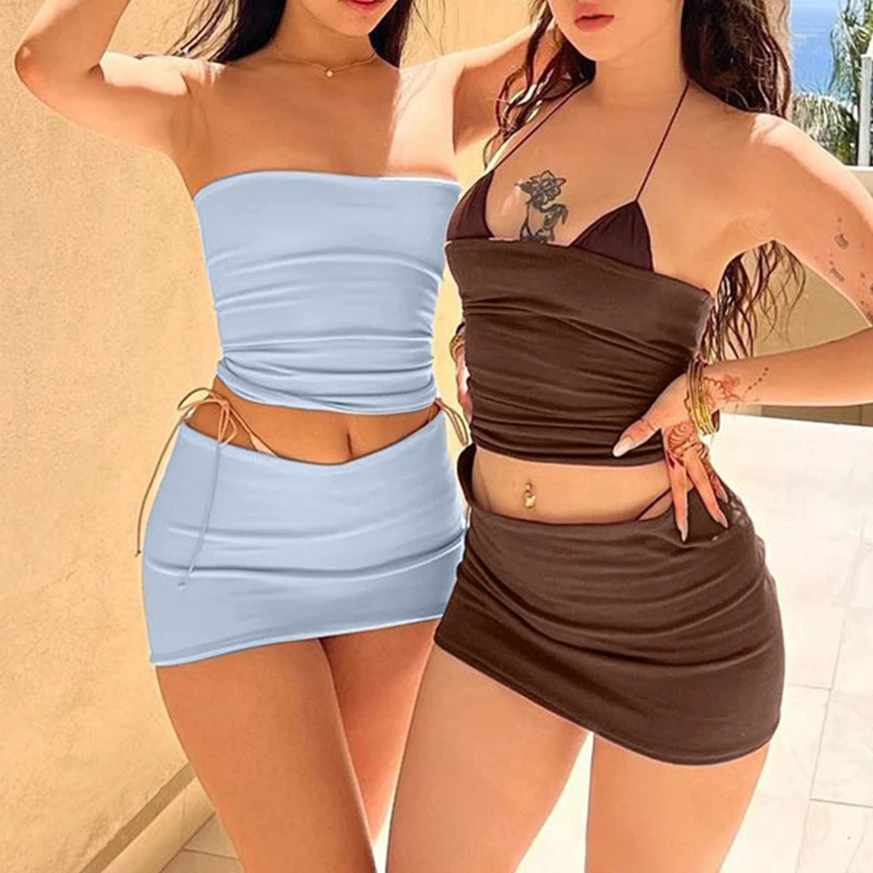 

Summer Bodycon Outfits 2 Pcs Solid Ladies Club Streetwear Backless Strapless Crop Tops Pencil Mini Skirt Set Women Clothing