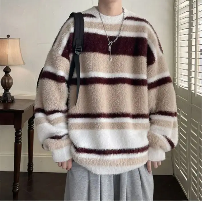 Autumn Winter Striped Soft Sticky Casual Men's Loose Pullover Sweater T Shirt Long Sleeve Top