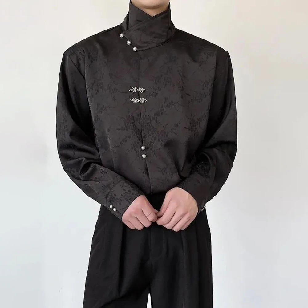 

Mens Chinese Style Cheongsam Button Jacquard Satin Long-Sleeve Shirt 2024 New Genderless Autumn Winter Retro Couple Shirt Unisex