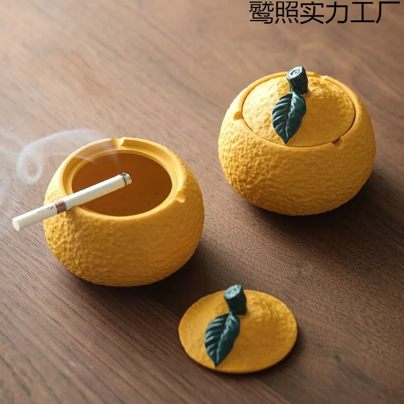 Resin Orange Ashtray with Cover for Office Home Decor